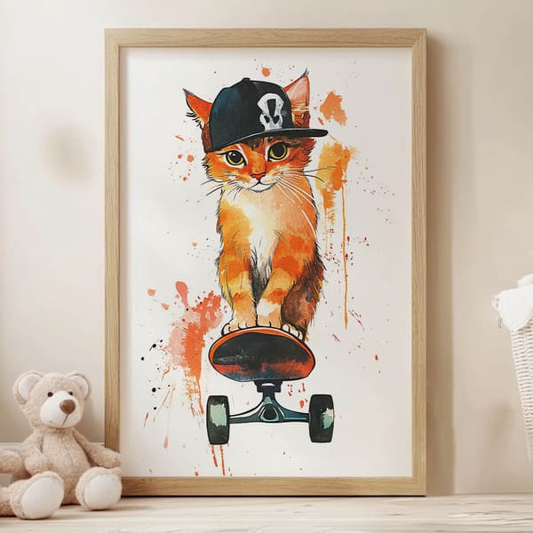 Plakat Kitty på et snowboard Plakat Kitty på et snowboard, 70x100 cm, uindrammet, premium lærred på båre