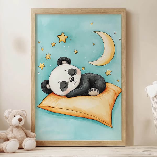 Plakat Bedårende pandasøvn på en orange pude Plakat Bedårende pandasøvn på en orange pude, 30x40 cm, hvid træramme, 230 gsm mat papir