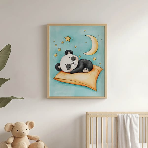 Plakat Bedårende pandasøvn på en orange pude Plakat Bedårende pandasøvn på en orange pude, 30x40 cm, hvid træramme, 230 gsm mat papir