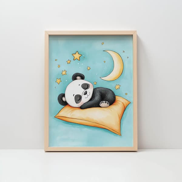 Plakat Bedårende pandasøvn på en orange pude Plakat Bedårende pandasøvn på en orange pude, 30x40 cm, hvid træramme, 230 gsm mat papir