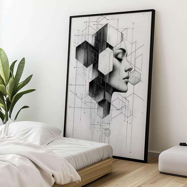 Sort og hvid geometrisk drøm Sort og hvid geometrisk drøm, 50x70 cm, guld aluminiumsramme, 230 gsm mat papir