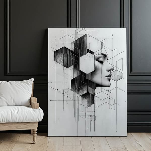 Sort og hvid geometrisk drøm Sort og hvid geometrisk drøm, 50x70 cm, guld aluminiumsramme, 230 gsm mat papir