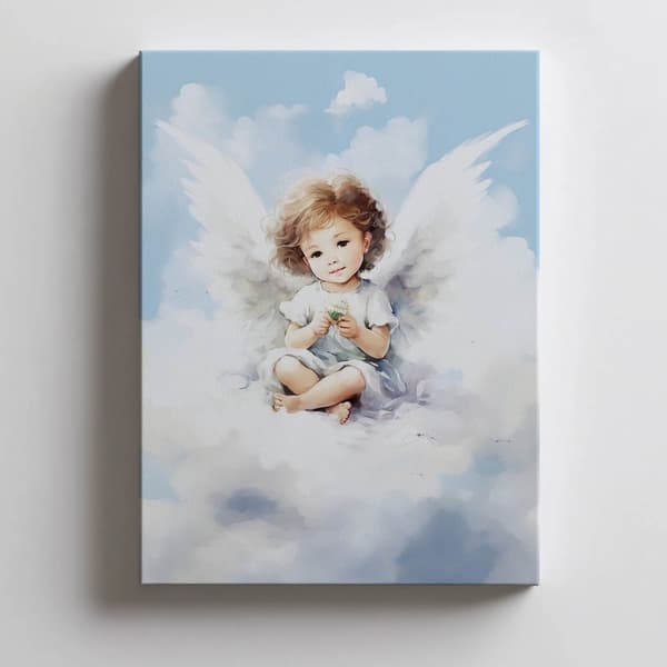 Sød engel på en sky Sød engel på en sky, 50x70 cm, sort aluminiumsramme, 230 gsm mat papir