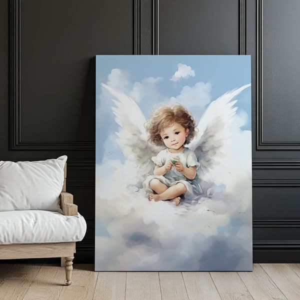 Sød engel på en sky Sød engel på en sky, 70x100 cm, sort aluminiumsramme, 230 gsm mat papir