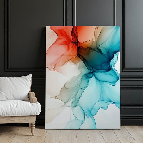 Flydende farver: rød-turkis abstraktion Flydende farver: rød-turkis abstraktion, 60x90 cm, sort aluminiumsramme, 230 gsm mat papir