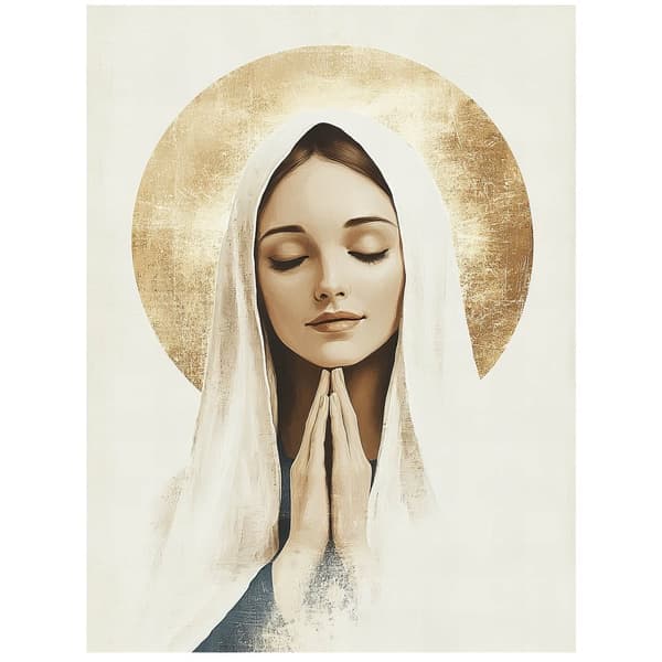 Jungfru Marias bön med en gyllene gloria Jungfru Marias bön med en gyllene gloria, 50x70 cm, svart aluminiumram, 230 gsm matt papper