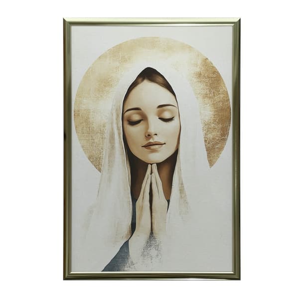 Jungfru Marias bön med en gyllene gloria Jungfru Marias bön med en gyllene gloria, 50x70 cm, svart aluminiumram, 230 gsm matt papper