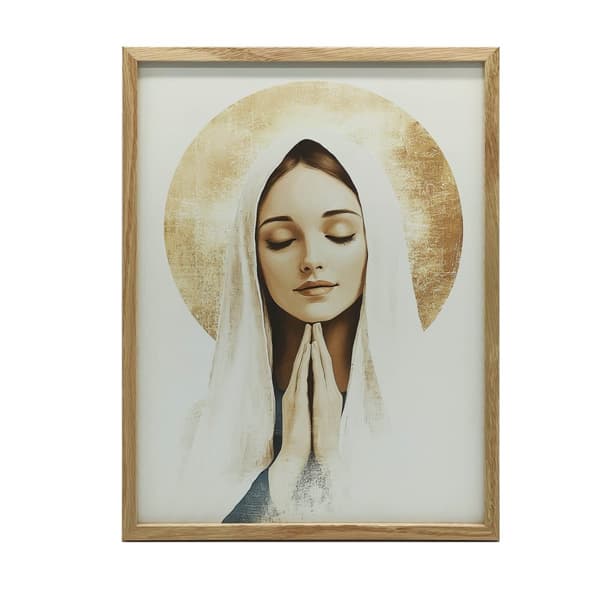 Jungfru Marias bön med en gyllene gloria Jungfru Marias bön med en gyllene gloria, 50x70 cm, svart aluminiumram, 230 gsm matt papper