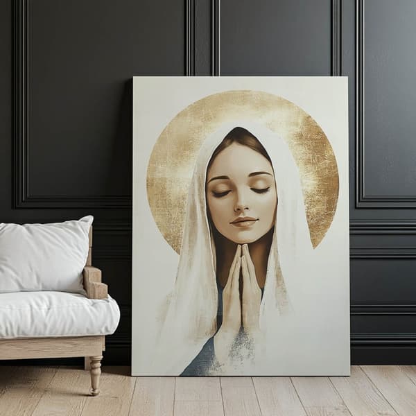 Jungfru Marias bön med en gyllene gloria Jungfru Marias bön med en gyllene gloria, 70x100 cm, mörkbrun träram, 230 gsm matt papper