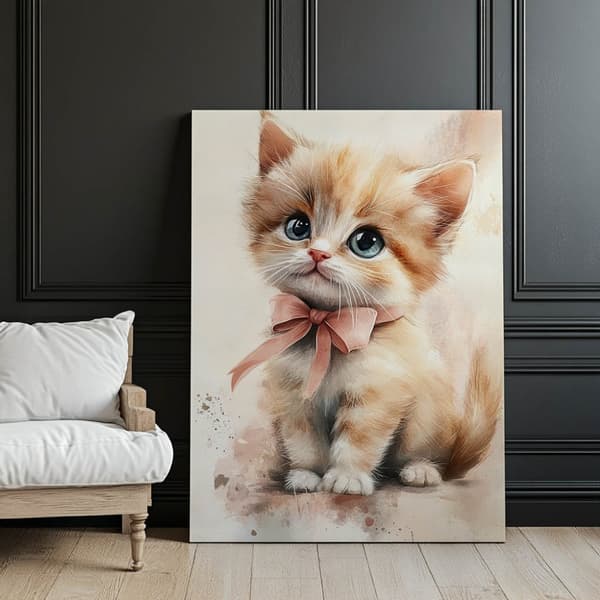Sød kitty med en lyserød sløjfe Sød kitty med en lyserød sløjfe, 40x50 cm, sort aluminiumsramme, 230 gsm mat papir