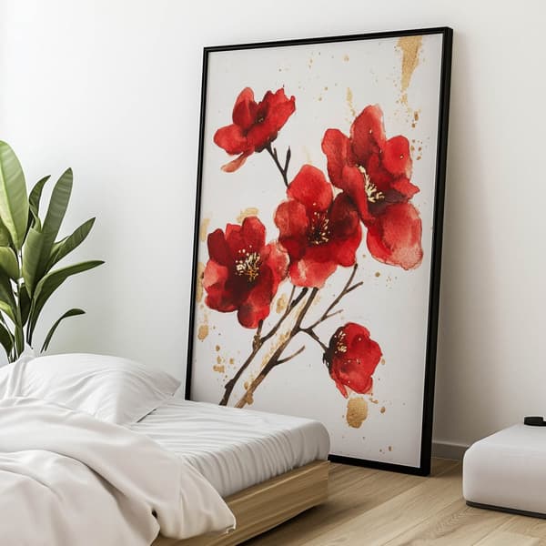 Røde blomster - Minimalistisk plakat Røde blomster - Minimalistisk plakat, 30x40 cm, hvid træramme, 230 gsm mat papir