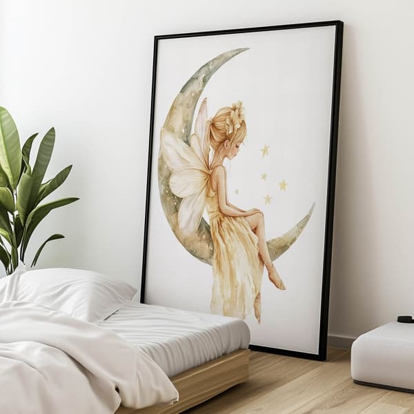 Fairy on the moon Fairy on the moon, 70x100 cm, guld aluminiumsramme, 230 gsm mat papir
