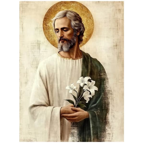 Saint Joseph med en buket liljer Saint Joseph med en buket liljer, 40x50 cm, uindrammet, 230 gsm mat papir
