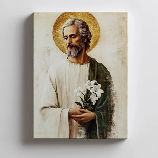 Saint Joseph med en buket liljer Saint Joseph med en buket liljer, 40x50 cm, uindrammet, 230 gsm mat papir