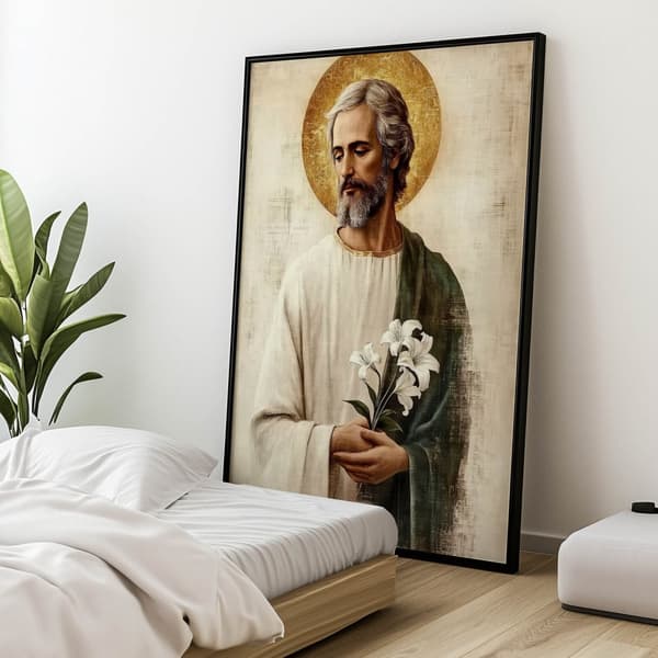 Saint Joseph med en buket liljer Saint Joseph med en buket liljer, 40x50 cm, uindrammet, 230 gsm mat papir