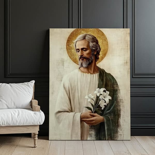 Saint Joseph med en buket liljer Saint Joseph med en buket liljer, 40x50 cm, uindrammet, 230 gsm mat papir