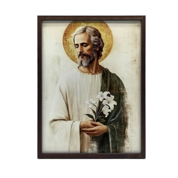 Saint Joseph med en buket liljer Saint Joseph med en buket liljer, 50x70 cm, guld aluminiumsramme, 230 gsm mat papir