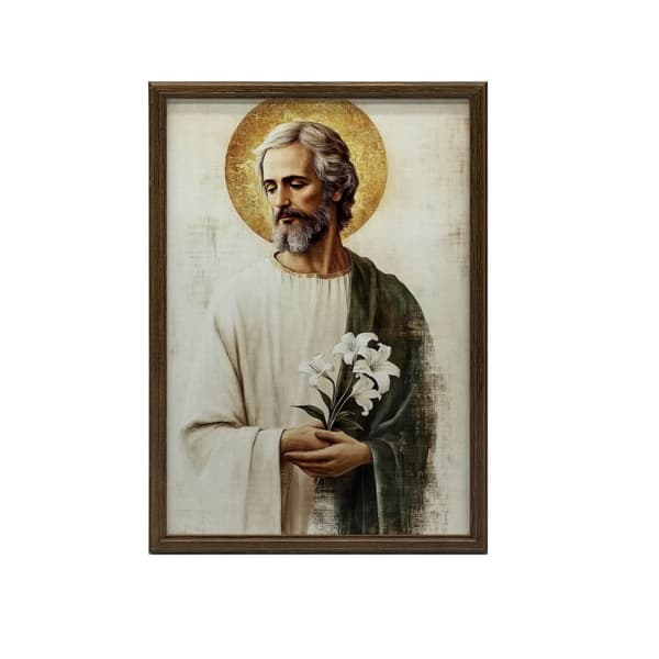 Saint Joseph med en buket liljer Saint Joseph med en buket liljer, 60x90 cm, guld aluminiumsramme, 230 gsm mat papir