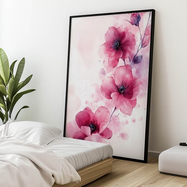 Rosa blommor på vit bakgrund Rosa blommor på vit bakgrund, 40x50 cm, svart aluminiumram, 230 gsm matt papper