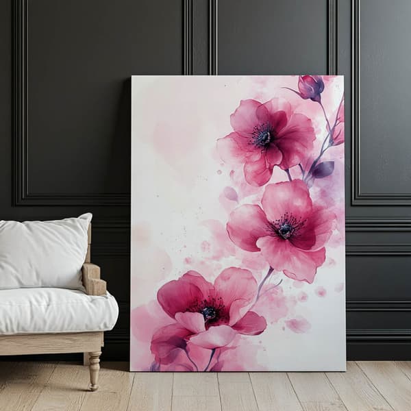 Rosa blommor på vit bakgrund Rosa blommor på vit bakgrund, 40x50 cm, svart aluminiumram, 230 gsm matt papper