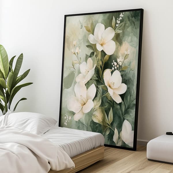 Blomsterbuket på grøn baggrund Blomsterbuket på grøn baggrund, 30x40 cm, sort aluminiumsramme, 230 gsm mat papir