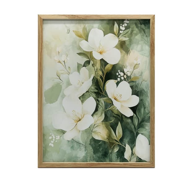 Blomsterbuket på grøn baggrund Blomsterbuket på grøn baggrund, 50x70 cm, lys egetræsramme, 230 gsm mat papir