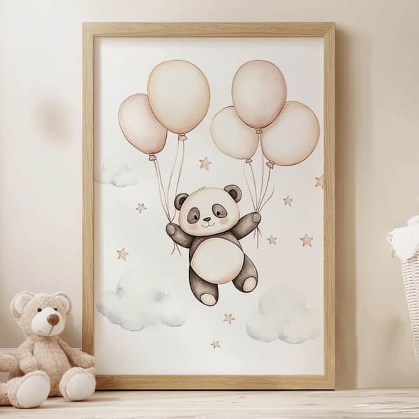 Smiling Panda with Balloons Poster Smiling Panda with Balloons Poster, 70x100 cm, lys egetræsramme, 230 gsm mat papir
