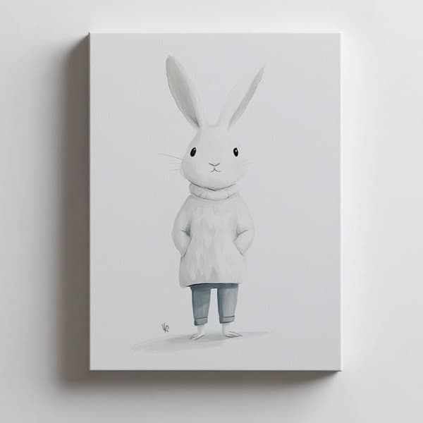 Plakat Sød kanin i en sweater Plakat Sød kanin i en sweater, 70x100 cm, lys egetræsramme, 230 gsm mat papir