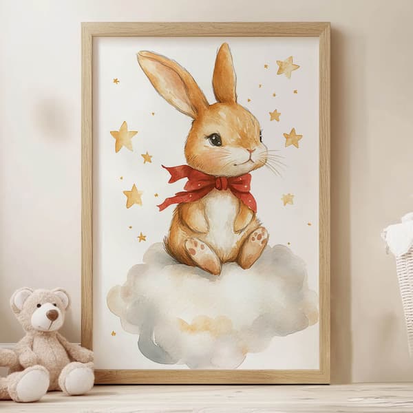 Plakat Sød kanin på en sky Plakat Sød kanin på en sky, 30x40 cm, sort aluminiumsramme, 230 gsm mat papir