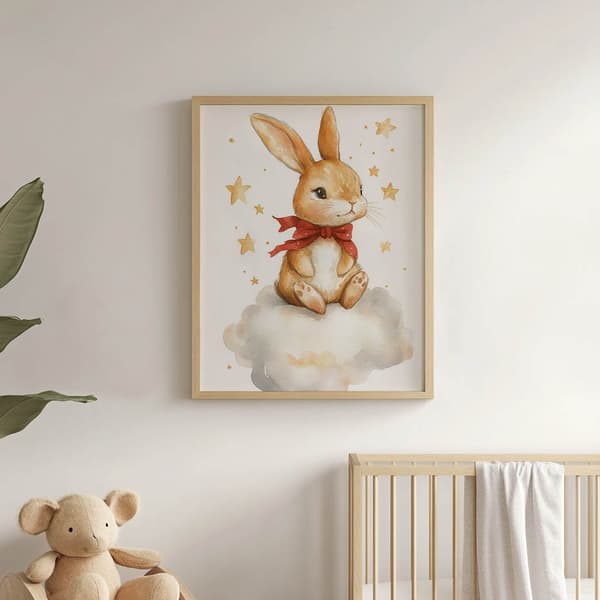 Plakat Sød kanin på en sky Plakat Sød kanin på en sky, 30x40 cm, sort aluminiumsramme, 230 gsm mat papir