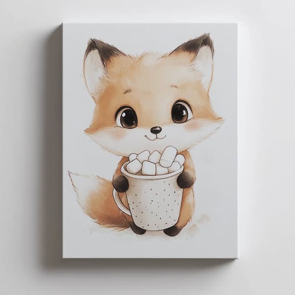 Plakat Bedårende ræv med varm chokolade Plakat Bedårende ræv med varm chokolade, 50x70 cm, uindrammet, premium lærred på båre