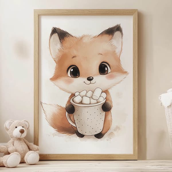 Plakat Sød ræv med varm chokolade Plakat Sød ræv med varm chokolade, 70x100 cm, sort aluminiumsramme, 230 gsm mat papir