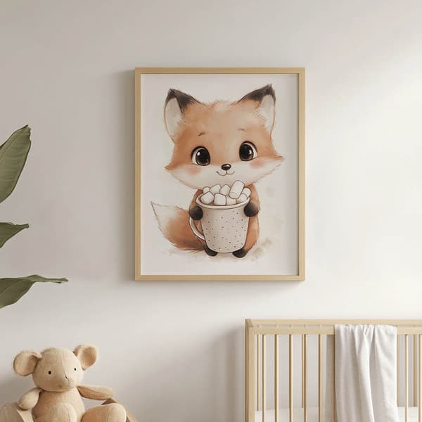 Plakat Sød ræv med varm chokolade Plakat Sød ræv med varm chokolade, 70x100 cm, sort aluminiumsramme, 230 gsm mat papir
