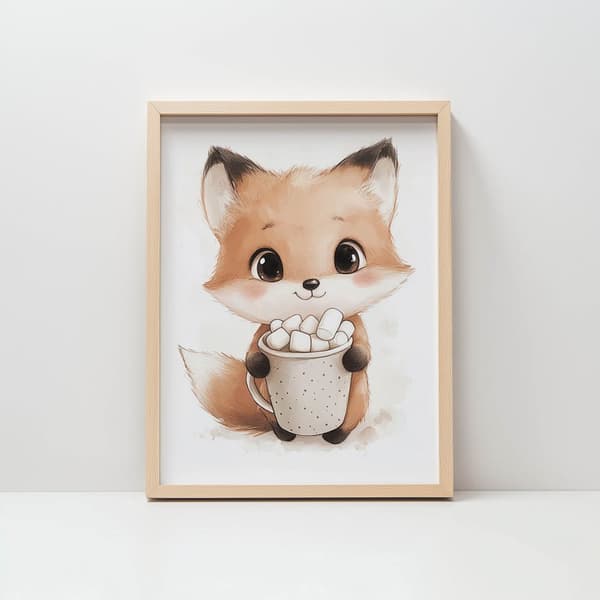 Plakat Sød ræv med varm chokolade Plakat Sød ræv med varm chokolade, 70x100 cm, sort aluminiumsramme, 230 gsm mat papir