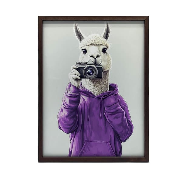 Plakat Lama i lilla hættetrøje med kamera Plakat Lama i lilla hættetrøje med kamera, 60x90 cm, rammeløs, 230 gsm mat papir