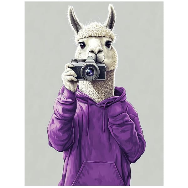 Plakat Lama i lilla hættetrøje med kamera Plakat Lama i lilla hættetrøje med kamera, 70x100 cm, lys egetræsramme, 230 gsm mat papir