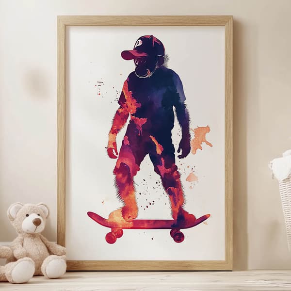 Monkey on a skateboard plakat Monkey on a skateboard plakat, 50x70 cm, guld aluminiumsramme, 230 gsm mat papir