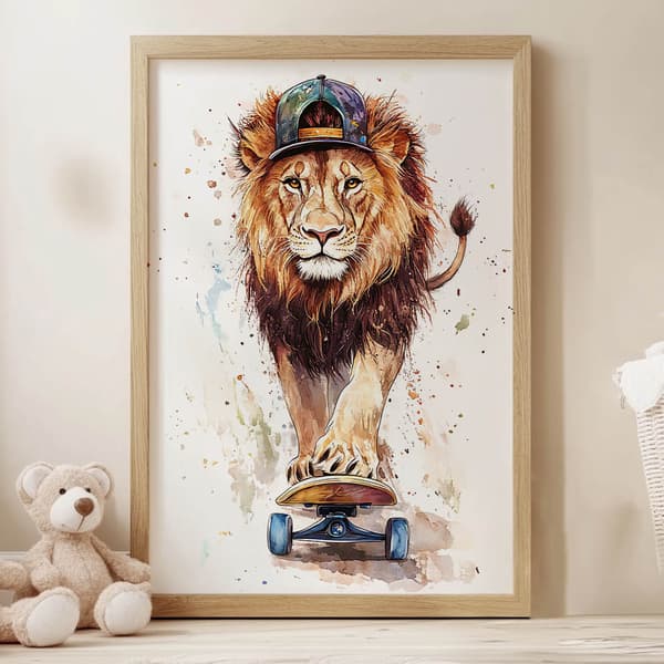 Løve på skateboard plakat Løve på skateboard plakat, 40x50 cm, guld aluminiumsramme, 230 gsm mat papir