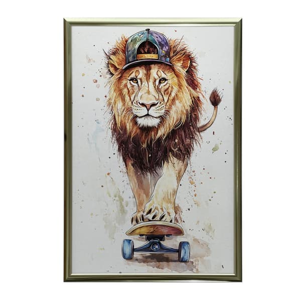Løve på skateboard plakat Løve på skateboard plakat, 40x50 cm, guld aluminiumsramme, 230 gsm mat papir