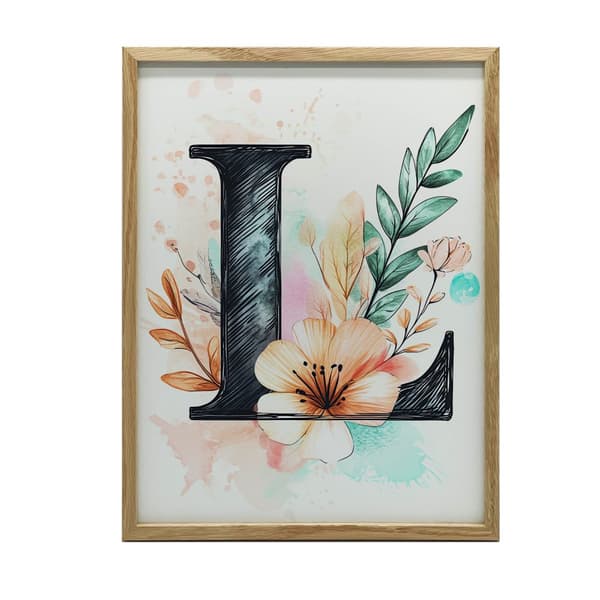 Plakatbogstav "L" i blomstersammensætning Plakatbogstav "L" i blomstersammensætning, 30x40 cm, guld-aluminiumsramme, 230 gsm mat papir