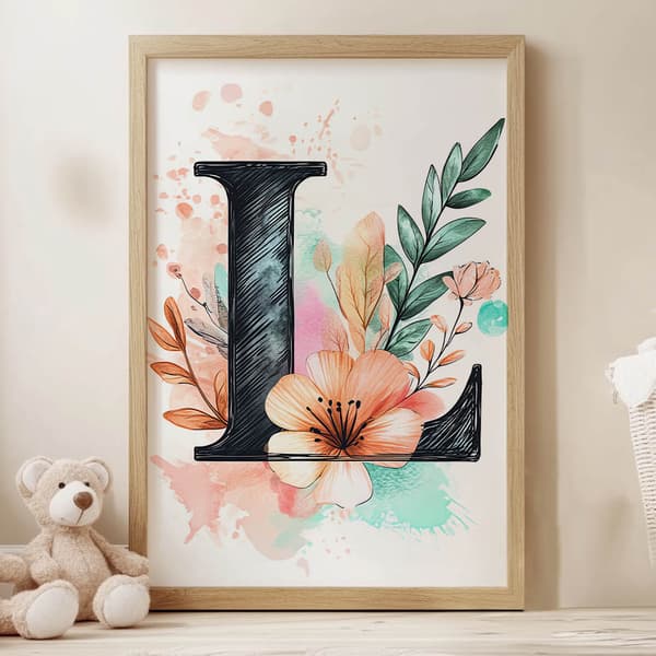 Plakatbogstav "L" i blomstersammensætning Plakatbogstav "L" i blomstersammensætning, 30x40 cm, rammeløs, 230 gsm mat papir