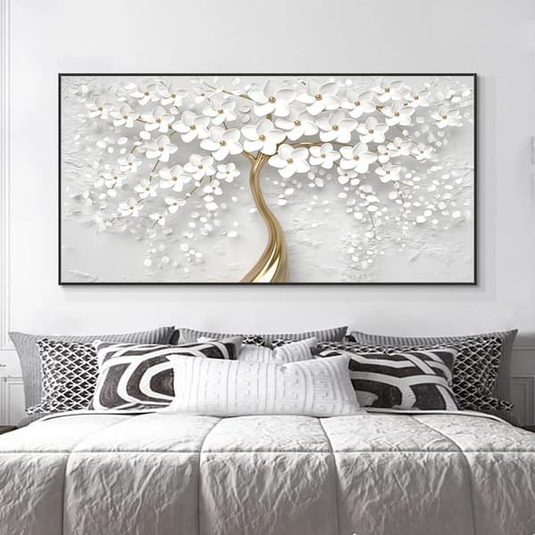 Abstrakt blomsterlærred vægkunst, moderne kunst, trædesign med hvide blomster, indrammet uden ramme til stue og soveværelse