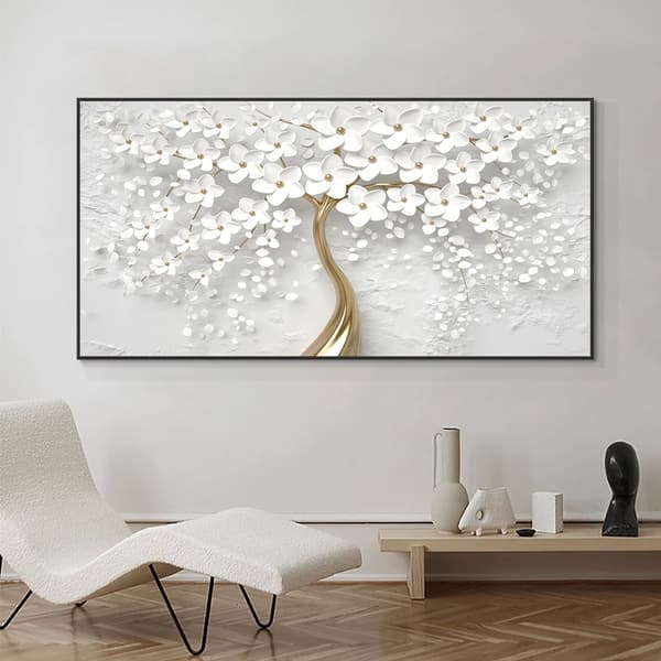 Abstrakt blomsterlærred vægkunst, moderne kunst, trædesign med hvide blomster, indrammet uden ramme til stue og soveværelse