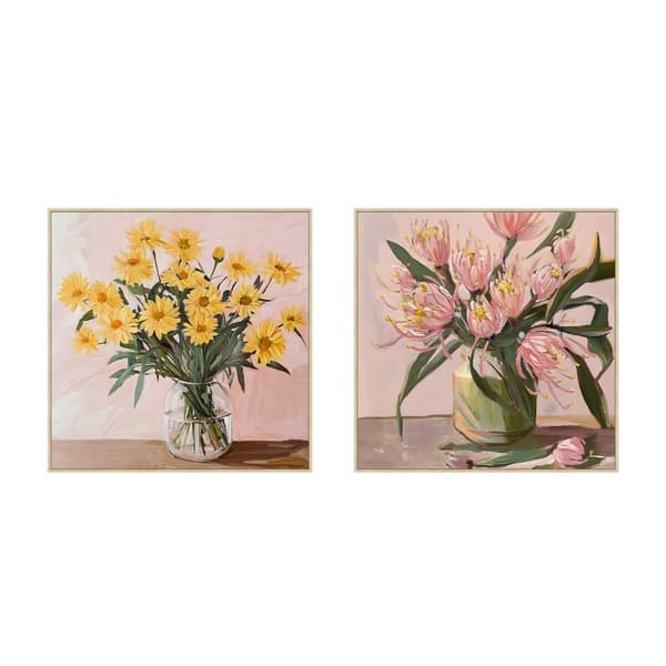 Tavla Home ESPRIT Gul Grön Rosa Shabby Chic Vas 83 x 4,5 x 83 cm (2 antal)
