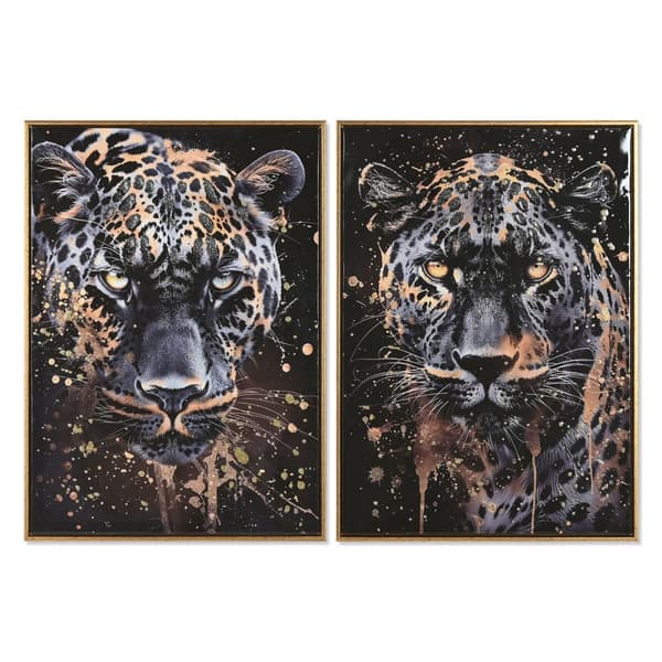 Maleri Home ESPRIT Sort Gylden Leopard Kolonistil Lakeret 50 x 3,5 x 70 cm (2 enheder)