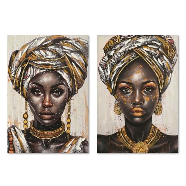 Maalaus Home ESPRIT Musta Kullattu Siirtomaatyylinen Afrikkalainen nainen 60 x 3 x 90 cm (2 osaa)