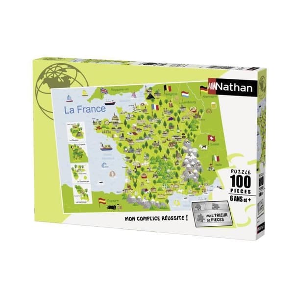 100-palainen lasten palapeli - Ranskan kartta - Nathan - 3-lokeroinen lajittelija - 6-vuotiaasta alkaen