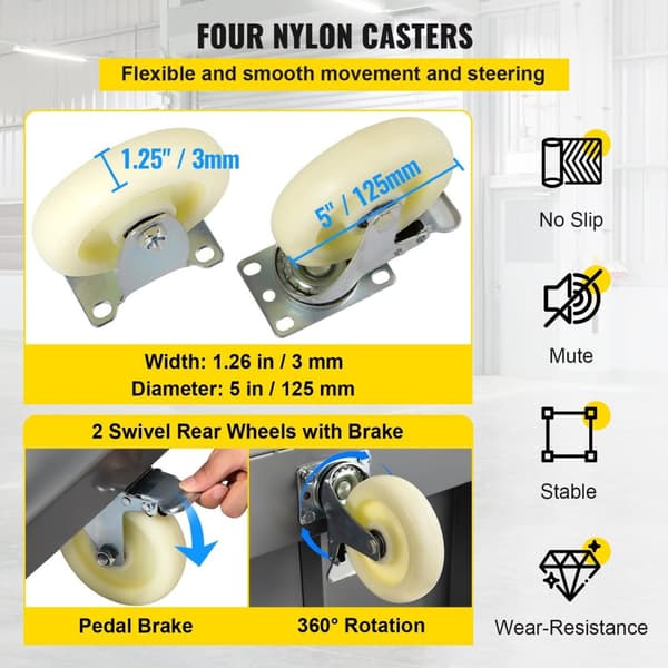Alusta-autonkuljetin 907 kg Kapasiteetti - Raskas Teräsrakenne, 5 Nylon-Pyörää, Irrotettava Kahvasuunnittelu