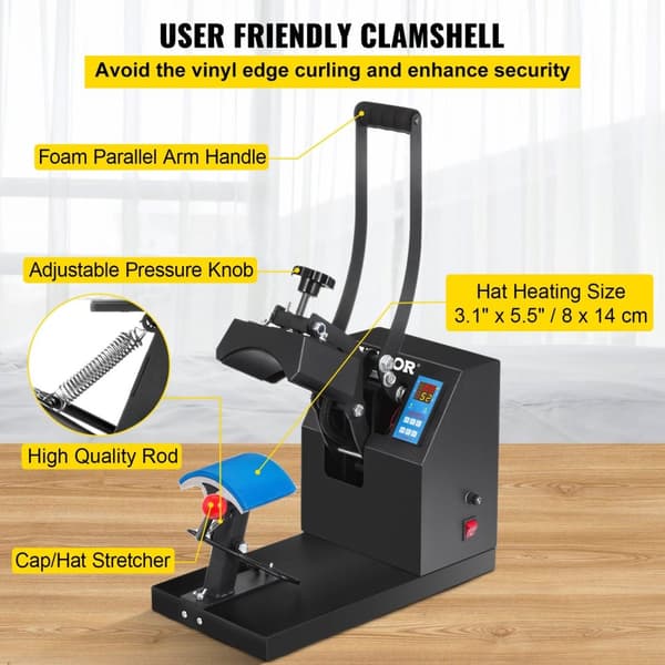 Keps Hattpress - Digital Display, Gjutning av Aluminium Värmeplatta, LCD Regulator