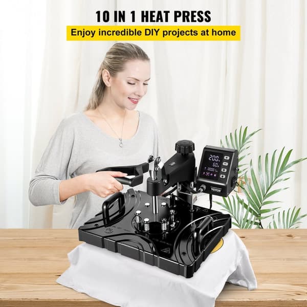 8/10 i 1 Varmepresser Maskine - Digital Skærm, Justerbart Tryk & Fjedersystem